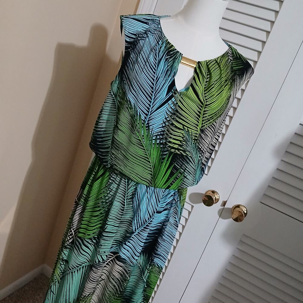 London Style Collection Med Sleeveless Slit Green/Blue Tropical print Maxi Dress